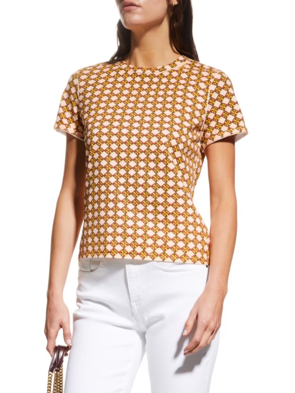 Tory Burch Logo Checker Print T-Shirt Large Short Sleeve